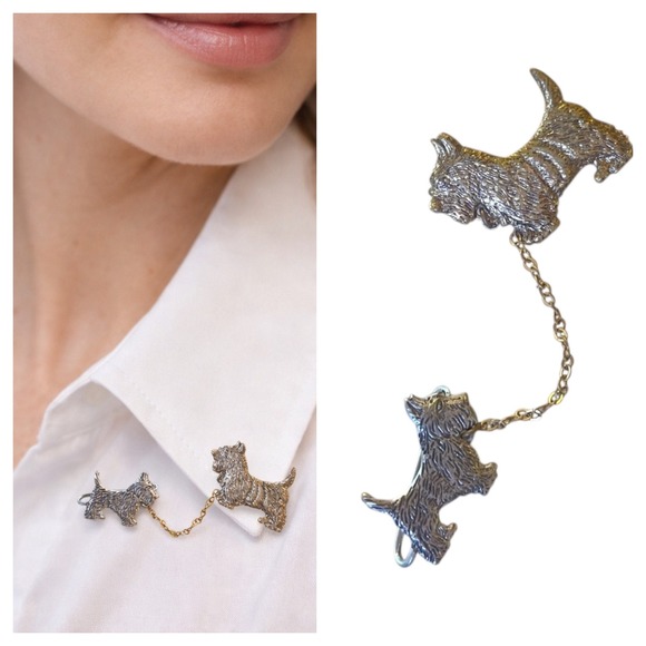 Jewelry - Vintage Scottish Duo Terrier Dog Brooch Charm  Leash Chain Silver &Gold Tone
